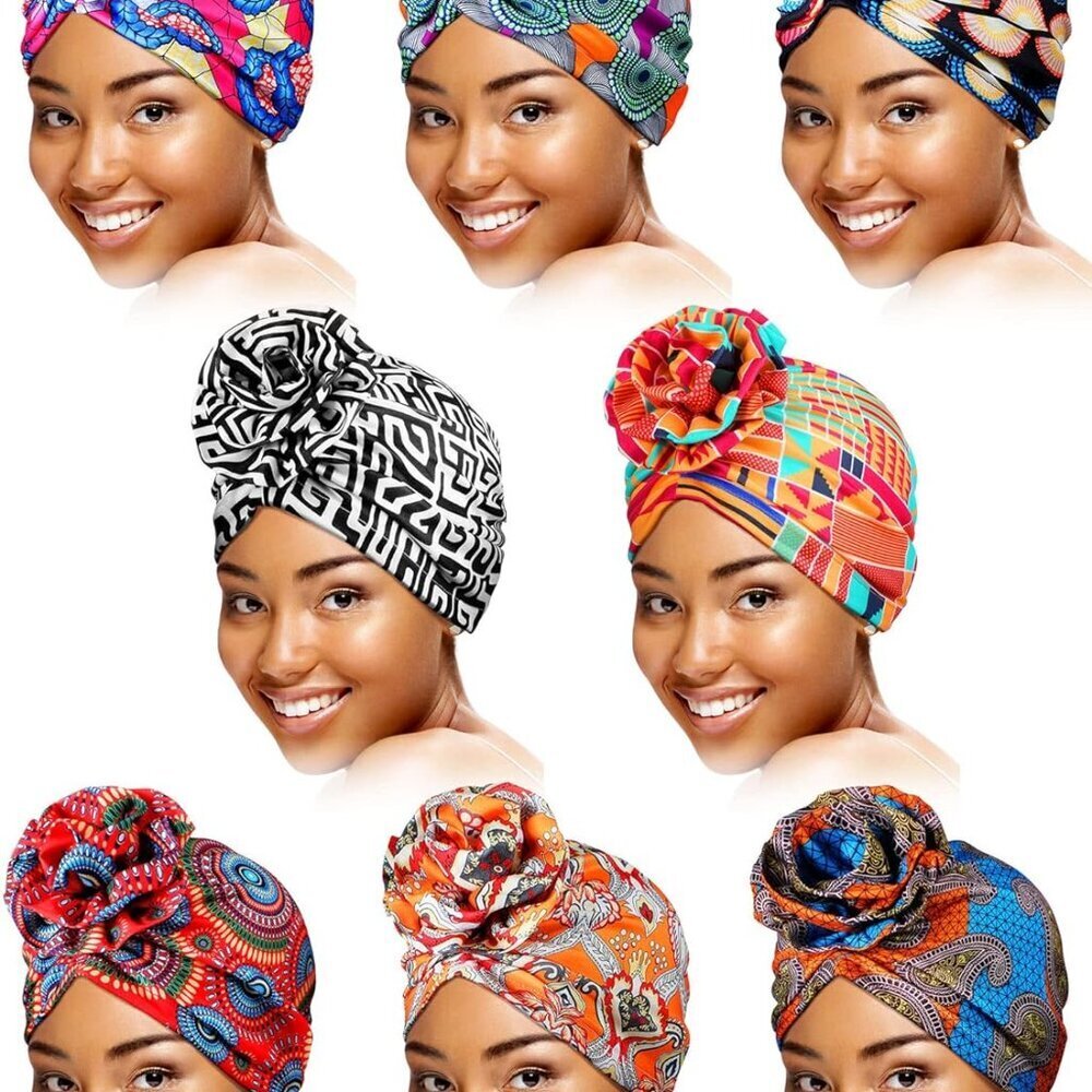 8 Pcs Women Turban Head Wraps for Women African Pattern Knot Headwrap Bohemian P